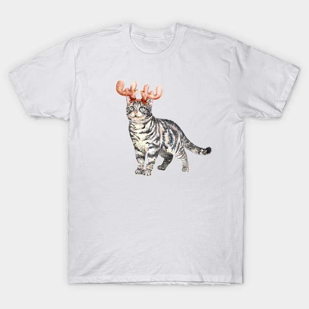 Funny Watercolor American Shorthair Cat with Moose Horns T-Shirt by labatchino